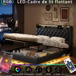Lit flottant 160x200cm en PU avec LED tête & corps, rangement tête de lit rembourrée & prise EU, Design moderne et pratique