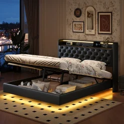 Lit flottant 160x200cm en PU avec LED tête & corps, rangement tête de lit rembourrée & prise EU, Design moderne et pratique