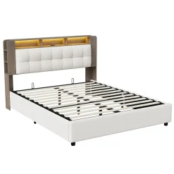 Lit Flottant,160x200 CM, Cadre de Lit avec Éclairage LED, Multiprise, Tête de lit avec Rangement, velours,Blanc