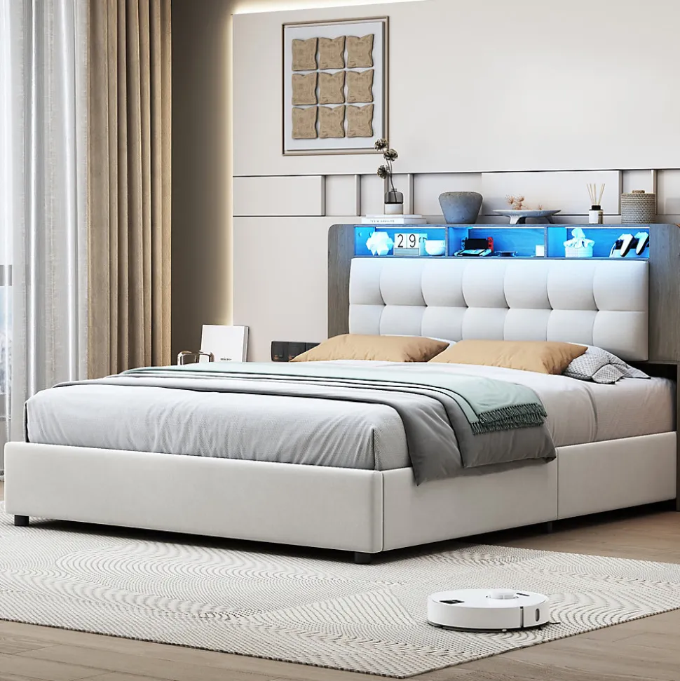 Lit Flottant,160x200 CM, Cadre de Lit avec Éclairage LED, Multiprise, Tête de lit avec Rangement, velours,Blanc