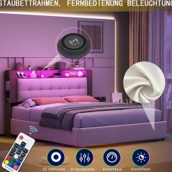 Lit Flottant,160x200 CM, Cadre de Lit avec Éclairage LED, Multiprise, Tête de lit avec Rangement, velours,Blanc