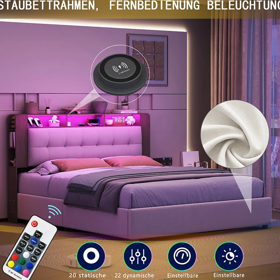 Lit Flottant,160x200 CM, Cadre de Lit avec Éclairage LED, Multiprise, Tête de lit avec Rangement, velours,Blanc