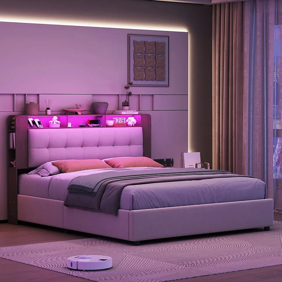 Lit Flottant,160x200 CM, Cadre de Lit avec Éclairage LED, Multiprise, Tête de lit avec Rangement, velours,Blanc