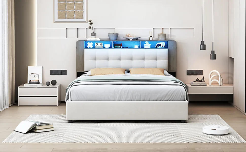 Lit Flottant,160x200 CM, Cadre de Lit avec Éclairage LED, Multiprise, Tête de lit avec Rangement, velours,Blanc