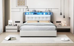 Lit Flottant,140x200 CM, Cadre de Lit avec Éclairage LED, Multiprise, Tête de lit avec Rangement, velours,Blanc