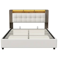 Lit Flottant,140x200 CM, Cadre de Lit avec Éclairage LED, Multiprise, Tête de lit avec Rangement, velours,Blanc