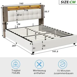 Lit Flottant,140x200 CM, Cadre de Lit avec Éclairage LED, Multiprise, Tête de lit avec Rangement, velours,Blanc