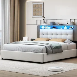 Lit Flottant,140x200 CM, Cadre de Lit avec Éclairage LED, Multiprise, Tête de lit avec Rangement, velours,Blanc