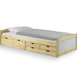 Lit fonctionnel en pin ANDREA, 90 x 200 cm, vernis naturel et lasuré blanc