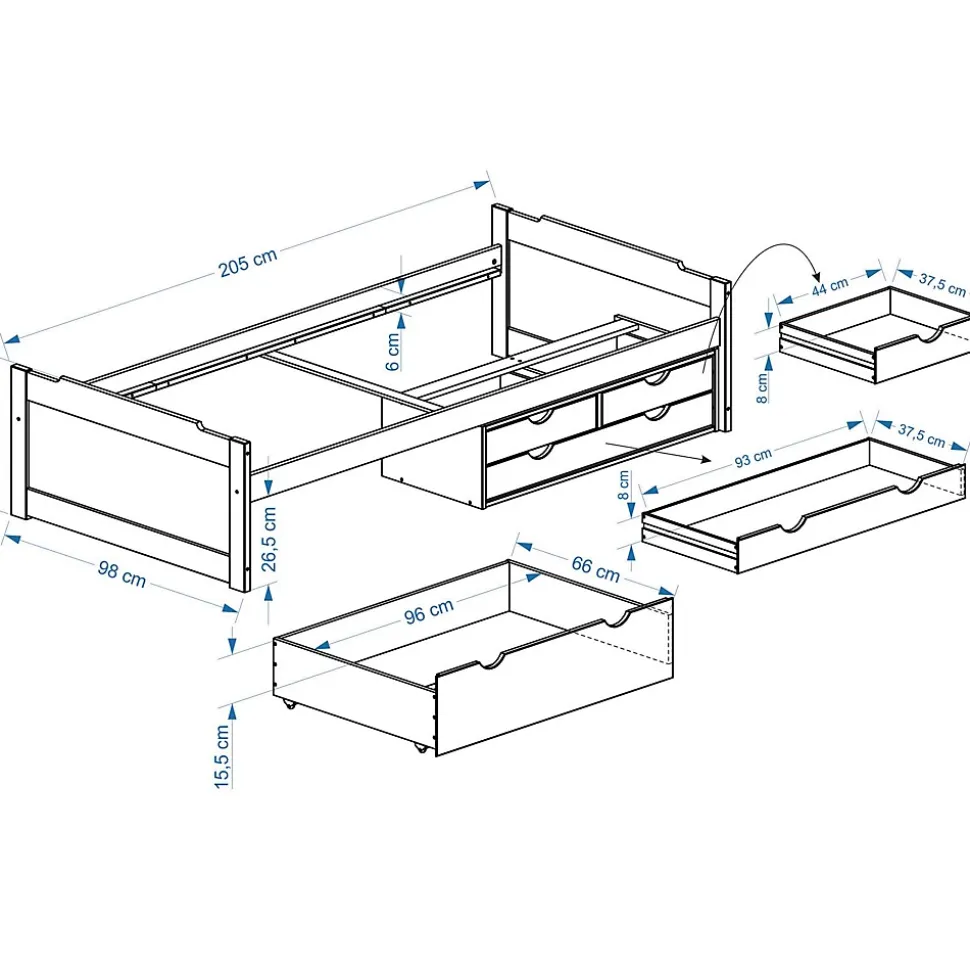 Lit fonctionnel en pin ANDREA, 90 x 200 cm, lasuré blanc rose