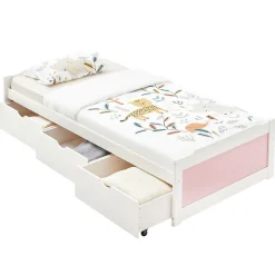 Lit fonctionnel MIA 90 x 200 cm, en pin massif lasuré blanc et rose