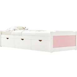 Lit fonctionnel MIA 90 x 200 cm, en pin massif lasuré blanc et rose