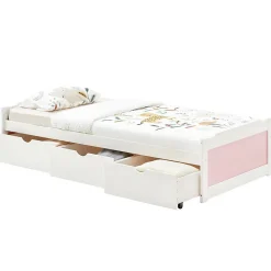 Lit fonctionnel MIA 90 x 200 cm, en pin massif lasuré blanc et rose