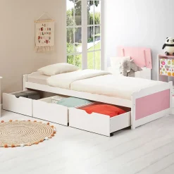 Lit fonctionnel MIA 90 x 200 cm, en pin massif lasuré blanc et rose