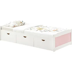 Lit fonctionnel MIA 90 x 200 cm, en pin massif lasuré blanc et rose