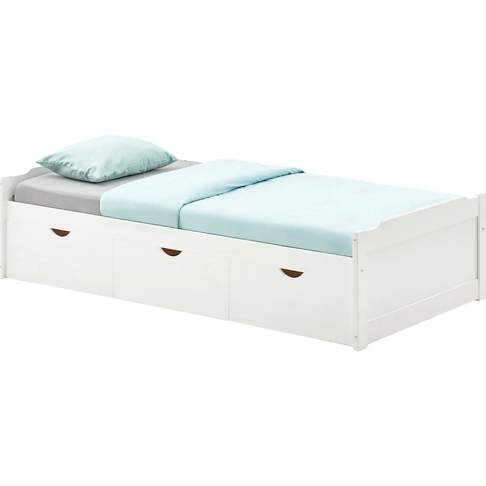 Lit fonctionnel MIA 90 x 190 cm, en pin massif lasuré blanc