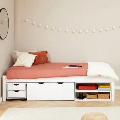 Lit fonctionnel SABRINA 90x190 cm, en pin massif lasuré blanc