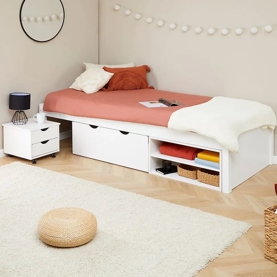 Lit fonctionnel SABRINA 90x190 cm, en pin massif lasuré blanc