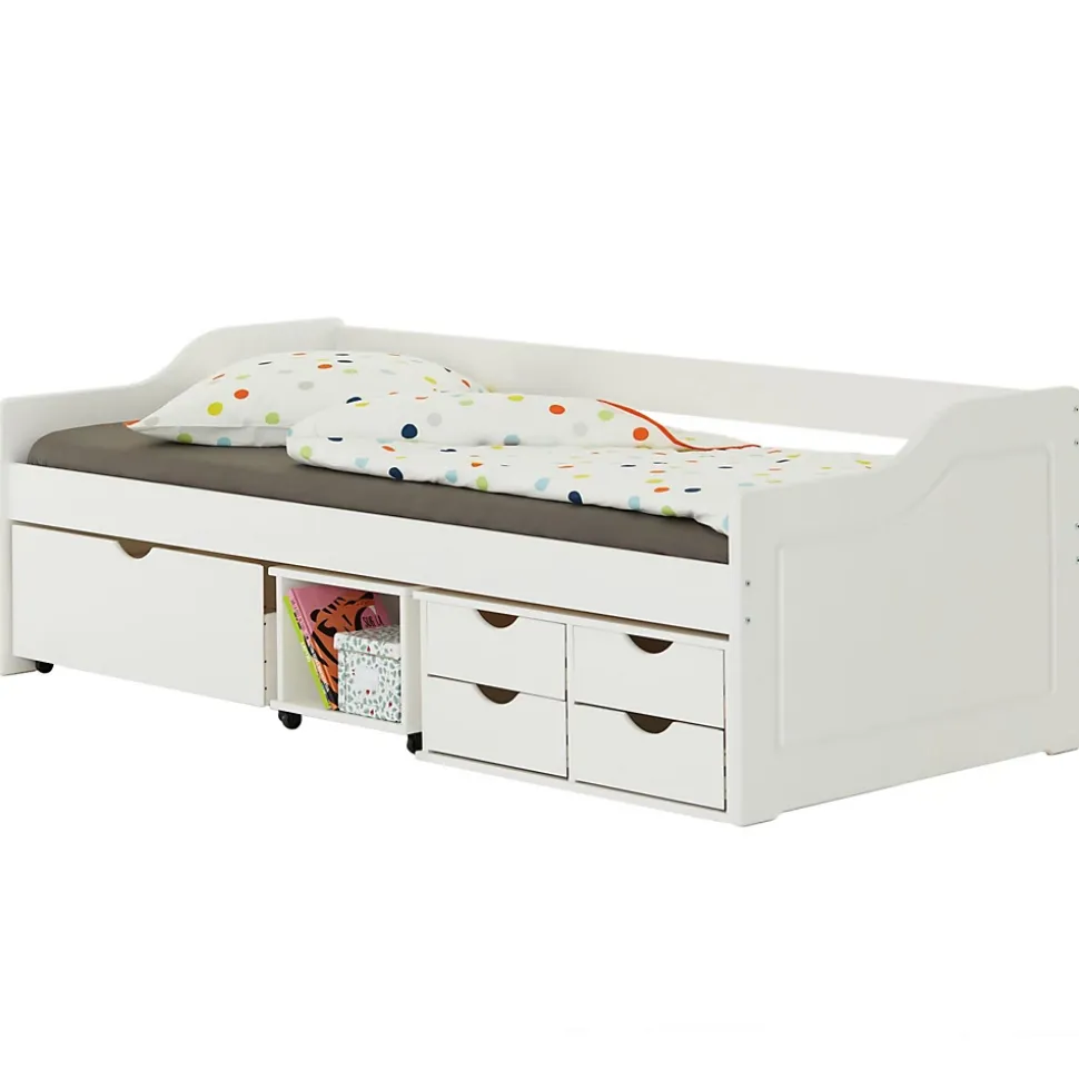 Lit fonctionnel SENTA en pin massif, 90 x 200 cm, lasuré blanc