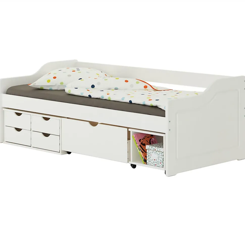 Lit fonctionnel SENTA en pin massif, 90 x 200 cm, lasuré blanc