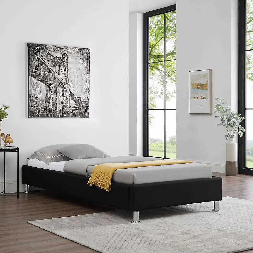 Lit futon simple NIZZA, 90 x 190 cm, avec sommier, revêtement en tissu noir