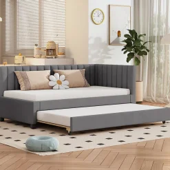 Lit Gigogne - Lit enfant et d'Appoint avec Sommier Gigogne, Fonction Rangement Intégré, Velours Gris, 90x200 cm