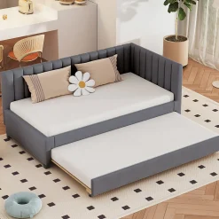 Lit Gigogne - Lit enfant et d'Appoint avec Sommier Gigogne, Fonction Rangement Intégré, Velours Gris, 90x200 cm