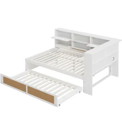 Lit Gigogne - Lit enfant 140x200 cm Bois Blanc avec Lit Simple, Tiroirs et Port USB, Grand Rangement Multifonction, Couleur Blanc