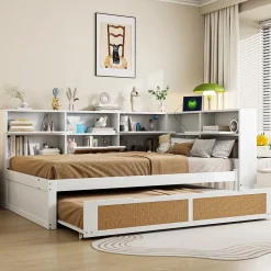 Lit Gigogne - Lit enfant 140x200 cm Bois Blanc avec Lit Simple, Tiroirs et Port USB, Grand Rangement Multifonction, Couleur Blanc