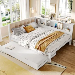 Lit Gigogne 140 x 200 cm - avec Lit Escamotable et LED Dimmable - Sans Matelas - Lin, MDF et Bois de Pin - Blanc
