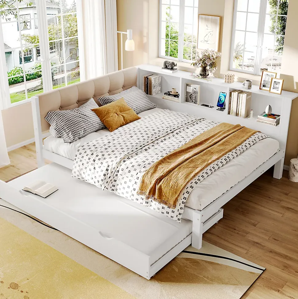 Lit Gigogne 140 x 200 cm - avec Lit Escamotable et LED Dimmable - Sans Matelas - Lin, MDF et Bois de Pin - Blanc