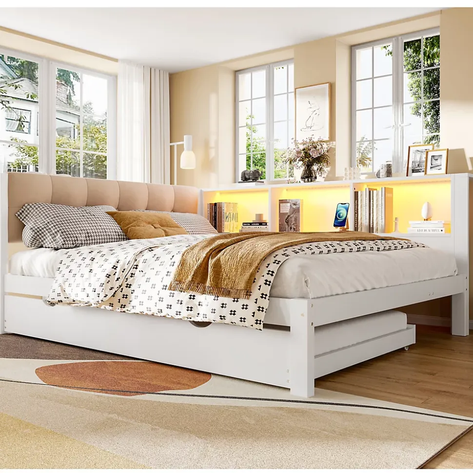 Lit Gigogne 140 x 200 cm - avec Lit Escamotable et LED Dimmable - Sans Matelas - Lin, MDF et Bois de Pin - Blanc