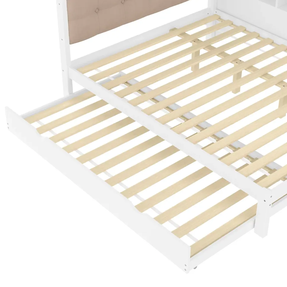 Lit Gigogne 140 x 200 cm - avec Lit Escamotable et LED Dimmable - Sans Matelas - Lin, MDF et Bois de Pin - Blanc
