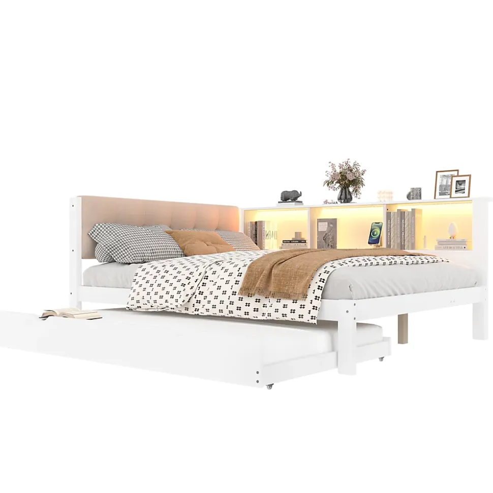Lit Gigogne 140 x 200 cm - avec Lit Escamotable et LED Dimmable - Sans Matelas - Lin, MDF et Bois de Pin - Blanc