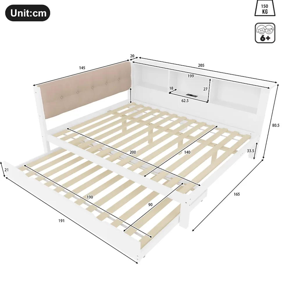 Lit Gigogne 140 x 200 cm - avec Lit Escamotable et LED Dimmable - Sans Matelas - Lin, MDF et Bois de Pin - Blanc