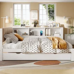 Lit Gigogne 140 x 200 cm - avec Lit Escamotable et LED Dimmable - Sans Matelas - Lin, MDF et Bois de Pin - Blanc