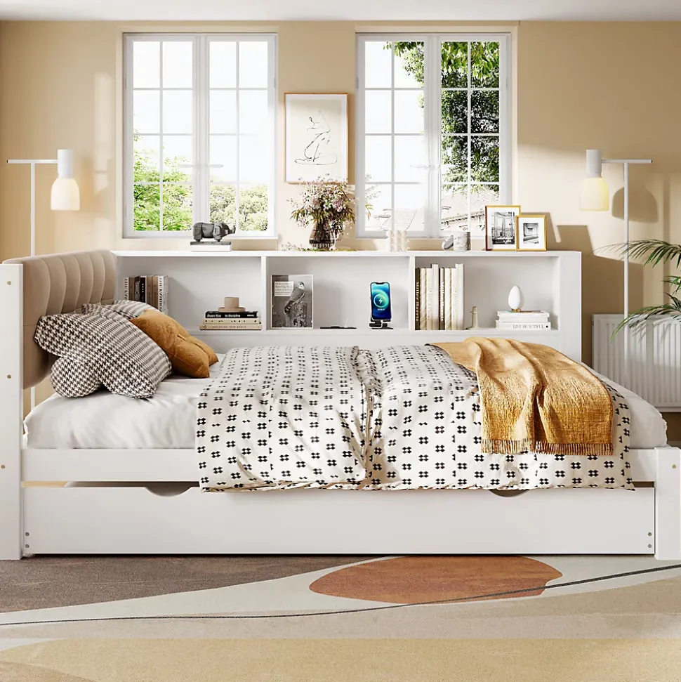 Lit Gigogne 140 x 200 cm - avec Lit Escamotable et LED Dimmable - Sans Matelas - Lin, MDF et Bois de Pin - Blanc