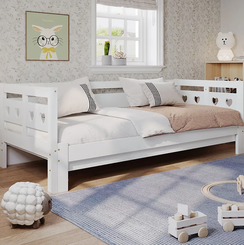 Lit gigogne 90 x 190 cm - Lit Banquette avec Motif Cœur - Pin Massif et MDF - Sans Matelas - Blanc