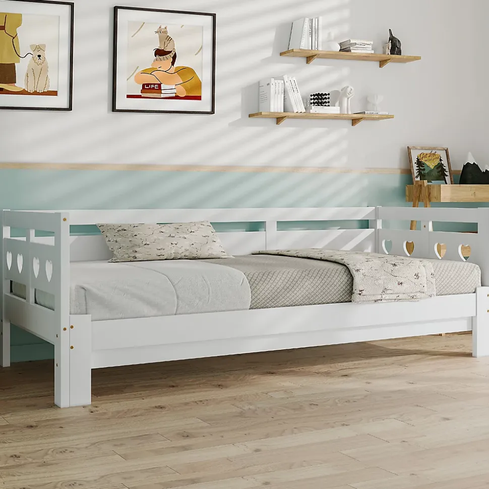 Lit gigogne 90 x 190 cm - Lit Banquette avec Motif Cœur - Pin Massif et MDF - Sans Matelas - Blanc