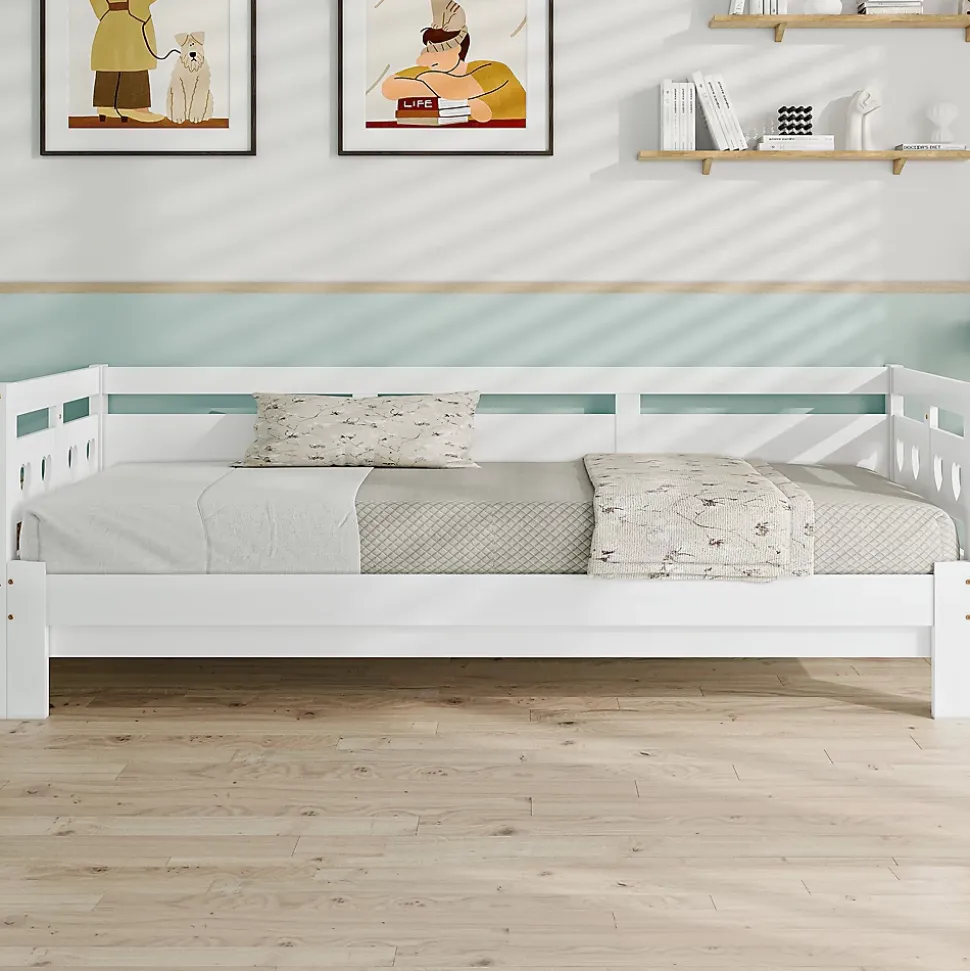 Lit gigogne 90 x 190 cm - Lit Banquette avec Motif Cœur - Pin Massif et MDF - Sans Matelas - Blanc