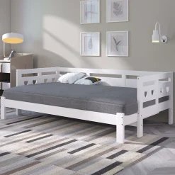 Lit gigogne 90 x 190 cm - Lit Banquette avec Motif Cœur - Pin Massif et MDF - Sans Matelas - Blanc