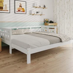 Lit gigogne 90 x 190 cm - Lit Banquette avec Motif Cœur - Pin Massif et MDF - Sans Matelas - Blanc