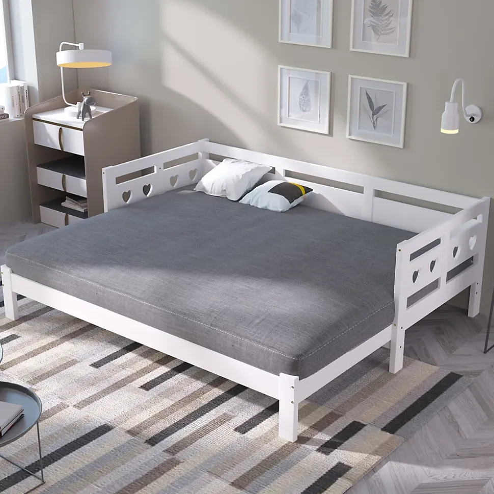 Lit gigogne 90 x 190 cm - Lit Banquette avec Motif Cœur - Pin Massif et MDF - Sans Matelas - Blanc