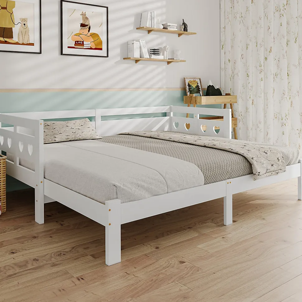 Lit gigogne 90 x 200 cm - Lit Banquette avec 2e Couchage - Pin Massif et MDF - Sans Matelas - Blanc