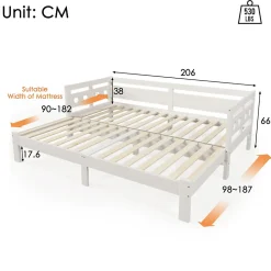 Lit gigogne 90 x 200 cm - Lit Banquette avec 2e Couchage - Pin Massif et MDF - Sans Matelas - Blanc