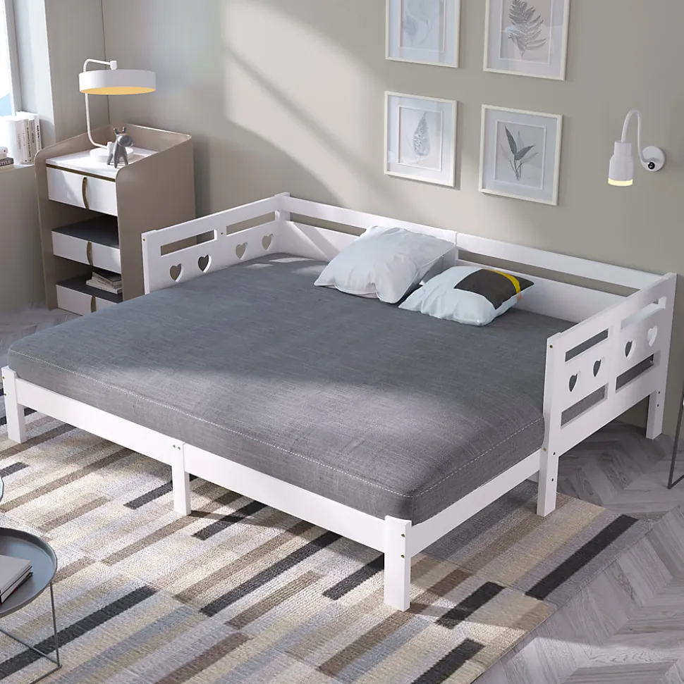 Lit gigogne 90 x 200 cm - Lit Banquette avec 2e Couchage - Pin Massif et MDF - Sans Matelas - Blanc