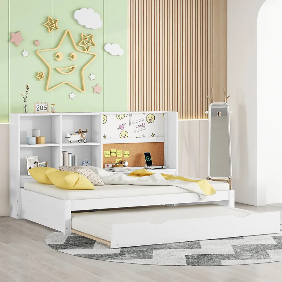 Lit Gigogne 90 x 200 cm - Lit enfant avec Port de Chargement USB et Rangement - Bois de Pin + MDF - Sans Matelas - Blanc
