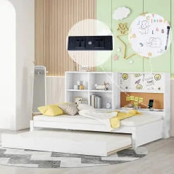 Lit Gigogne 90 x 200 cm - Lit enfant avec Port de Chargement USB et Rangement - Bois de Pin + MDF - Sans Matelas - Blanc