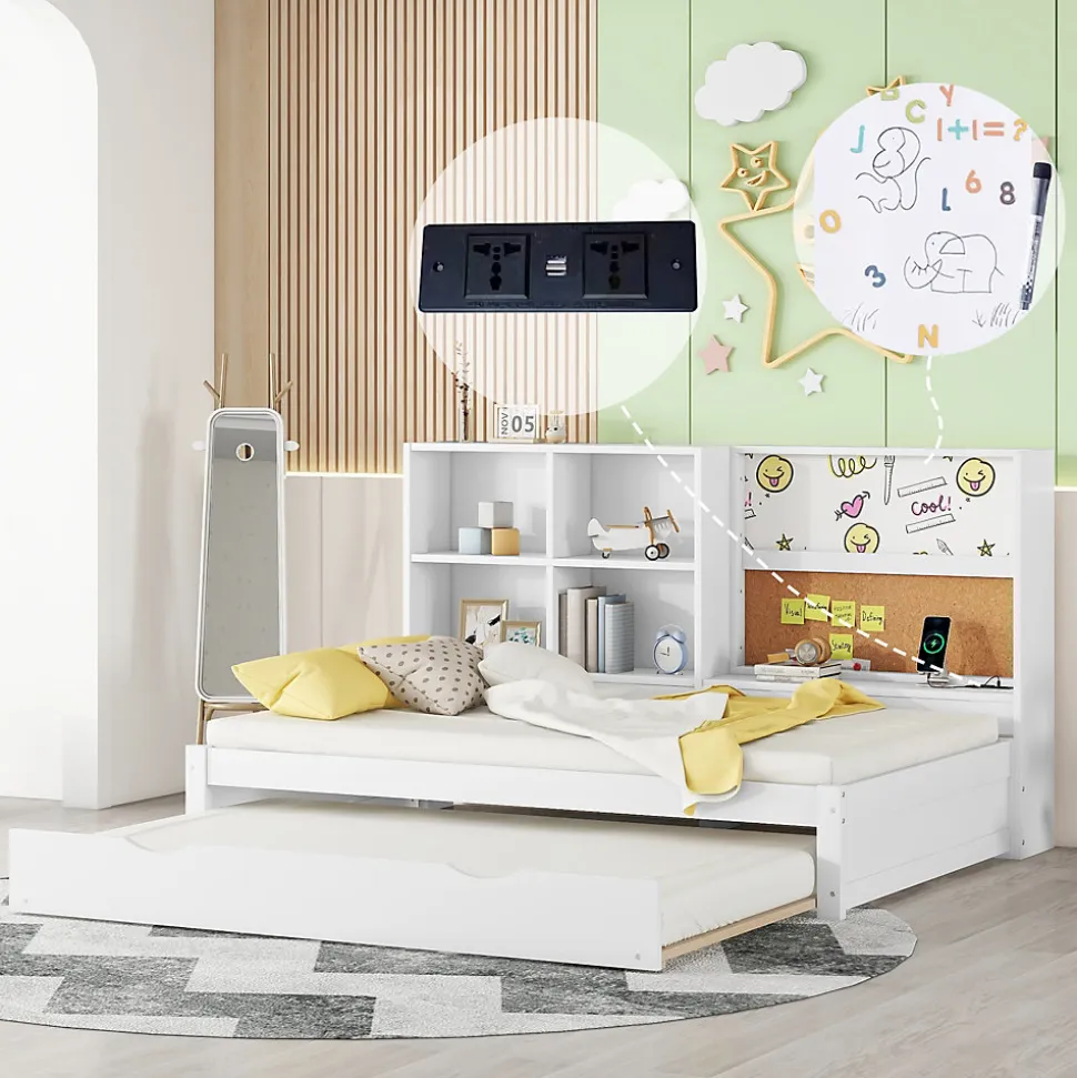 Lit Gigogne 90 x 200 cm - Lit enfant avec Port de Chargement USB et Rangement - Bois de Pin + MDF - Sans Matelas - Blanc