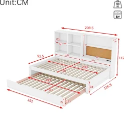 Lit Gigogne 90 x 200 cm - Lit enfant avec Port de Chargement USB et Rangement - Bois de Pin + MDF - Sans Matelas - Blanc